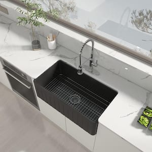 Fireclay 33 in. Striped Design Reversible Installation Single Bowl Farmhouse Apron Kitchen Sink with Grid and Strainer