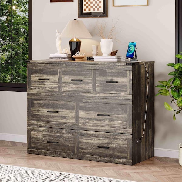 Gray Wood Frame Full Size Murphy Bed with Charging Station and 1-Large Storage Drawer