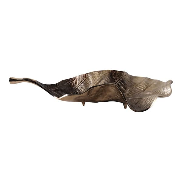 Gold 26.25 in. Metal Leaf-Shaped Tray with Sculpted Design
