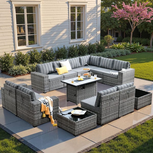 HOOOWOOO Tahoe Grey 13-Piece Wicker Wide Arm Outdoor Patio Conversation Sofa Set with a Fire Pit and Striped Grey Cushions