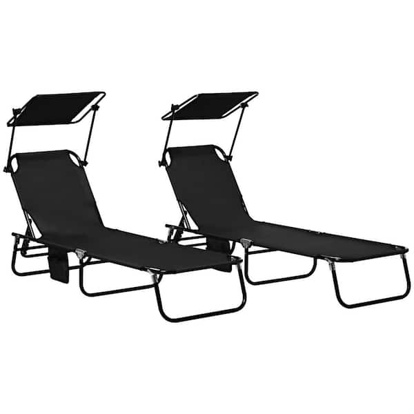 Outsunny Black Metal Outdoor Folding Chaise Lounge Pool Chairs, Sun Tanning Chairs with Sunshade Face Guard (Set of 2)