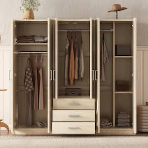 Brown Wood 70.9 in. 6-Door Wardrobe Armoire with 3-Drawers, 5-Storage Shelves and 3-Hanging Rails