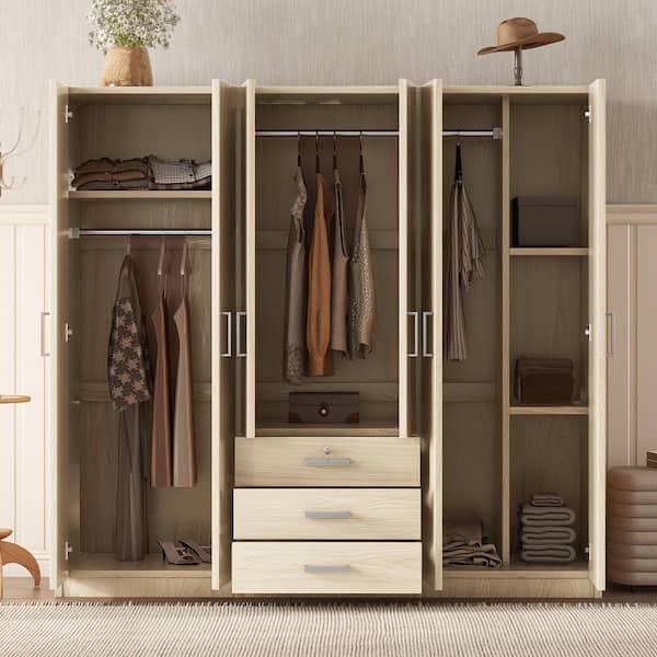 Harper & Bright Designs Brown Wood 70.9 in. 6-Door Wardrobe Armoire with 3-Drawers, 5-Storage Shelves and 3-Hanging Rails