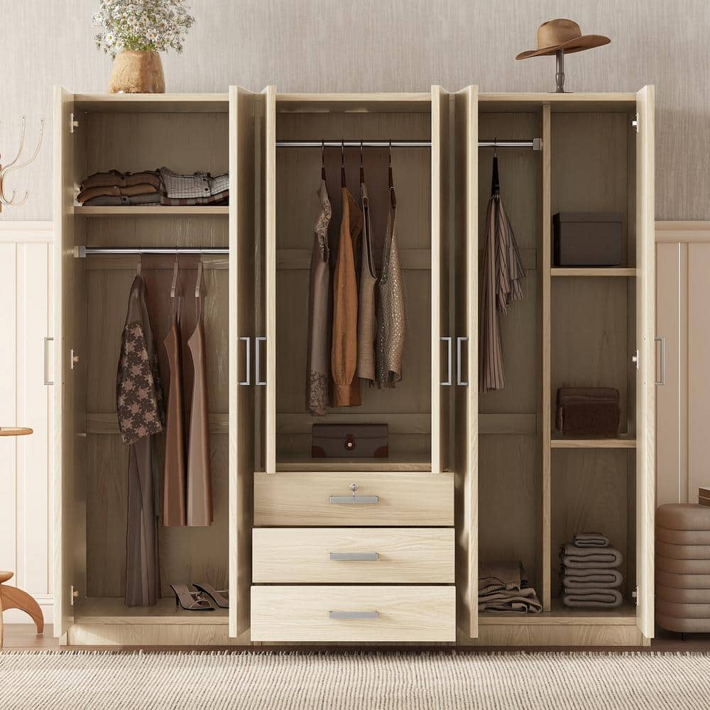 Harper & Bright Designs Natural Wood 70.9 in. 6-Door Wardrobe