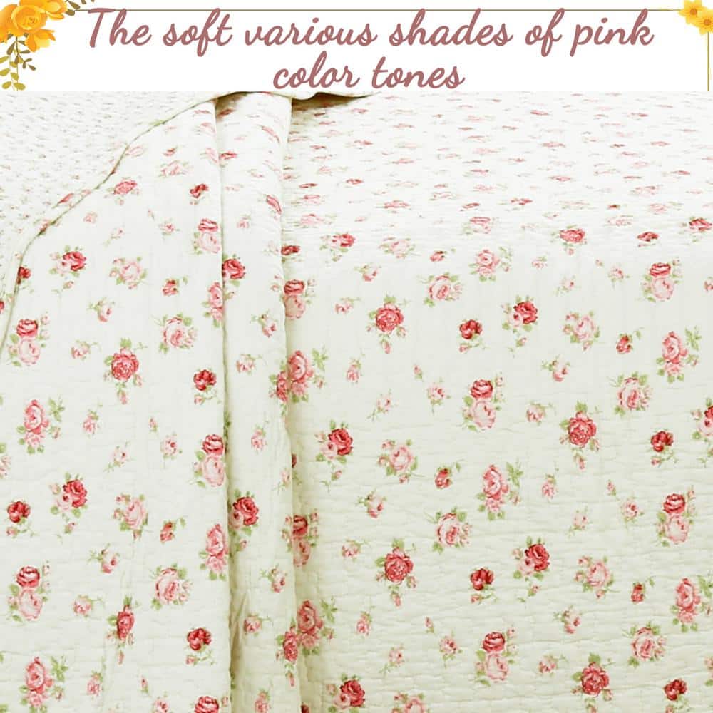 Pink Floral Cotton Queen Reversible Quilt Set with Scalloped Edges