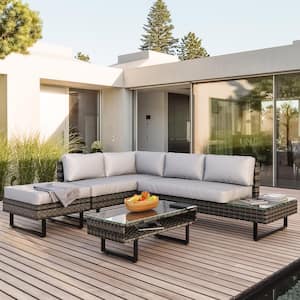 4-Piece Metal Frame Wicker Outdoor Patio Conversation Set with Grey Cushions