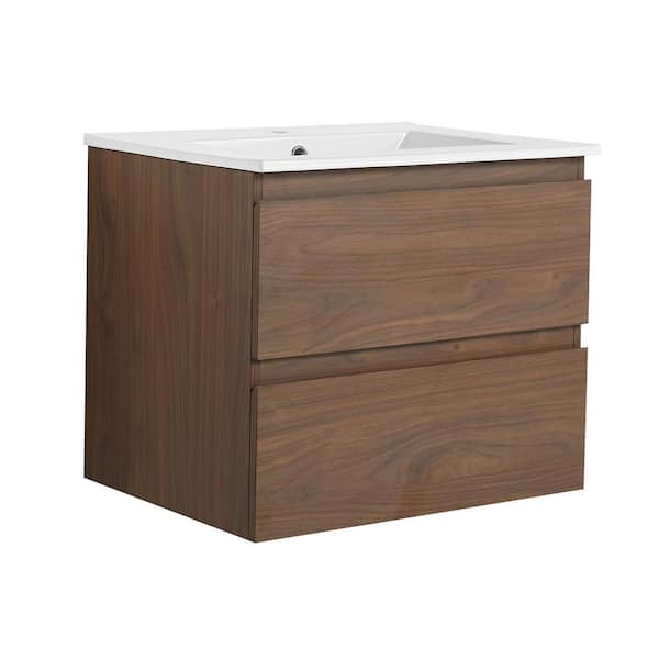 Satico 24 in. Wall Mounted Brown Oak Bath Vanity with White Ceramic Top and Sink Unassembled