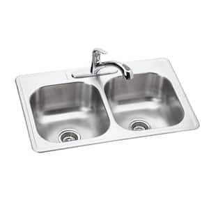 Dayton Stainless Steel 33 in. 3-Hole Double Bowl Drop In Kitchen Sink with Pull Out Faucet, 20 Gauge