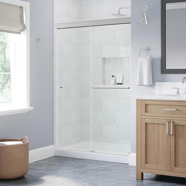 Portwood 44 to 48 in. W x 70-1/4 in. H Semi-Frameless Sliding Shower Door in Chrome with 1/4 in. Clear Glass