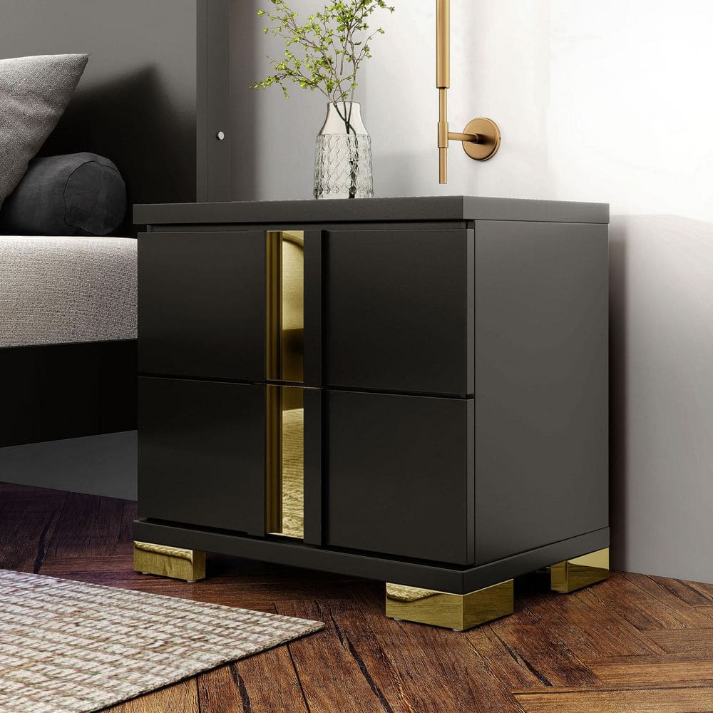 Nina Black 2-Drawer 23 in. W Nightstand with Bracketed Metal Legs and Acrylic Trim