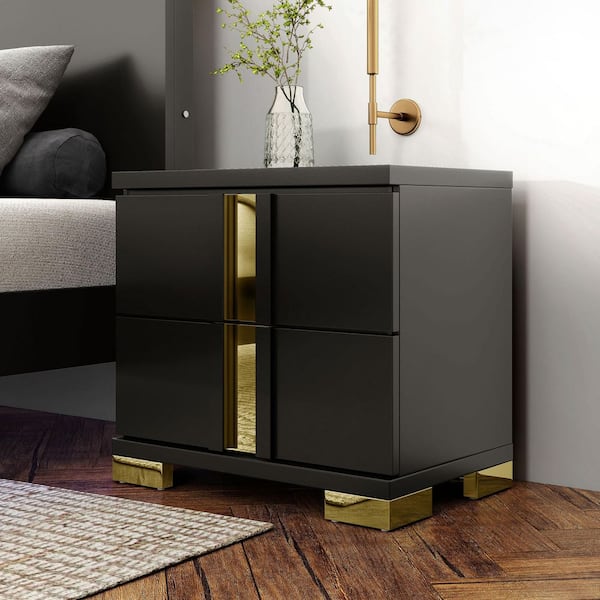 Nina Black 2-Drawer 23 in. W Nightstand with Bracketed Metal Legs and Acrylic Trim