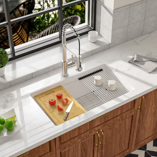 LORDEAR Quartz Composite 30 in. W Undermount Single Bowl Workstation Kitchen Sink in White