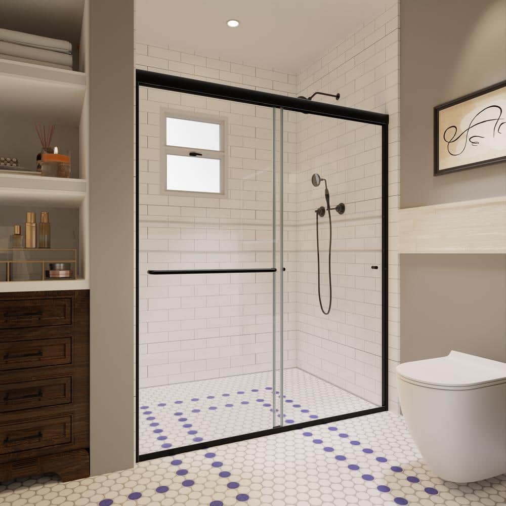 60 x 72 Matte Black Sliding Shower Door with Clear Glass