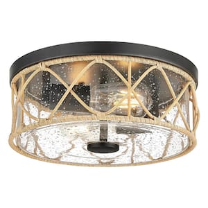 12 in. 2-Light Black Rattan Modern Flush Mount with Seeded Glass Shade and No Bulbs Included 1-Pack