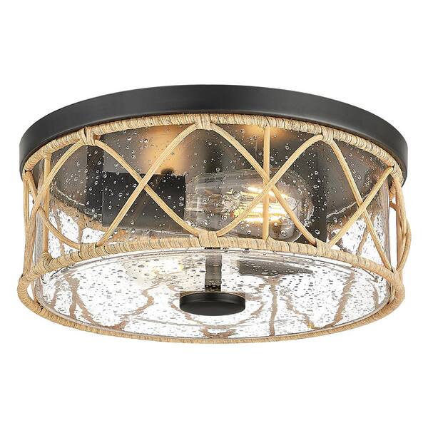 JAZAVA 12 in. 2-Light Black Rattan Modern Flush Mount with Seeded Glass ...