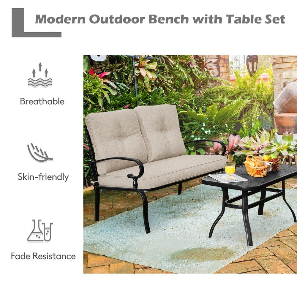 Modern Black Steel Outdoor Loveseat with Beige Cushions and Coffee Table