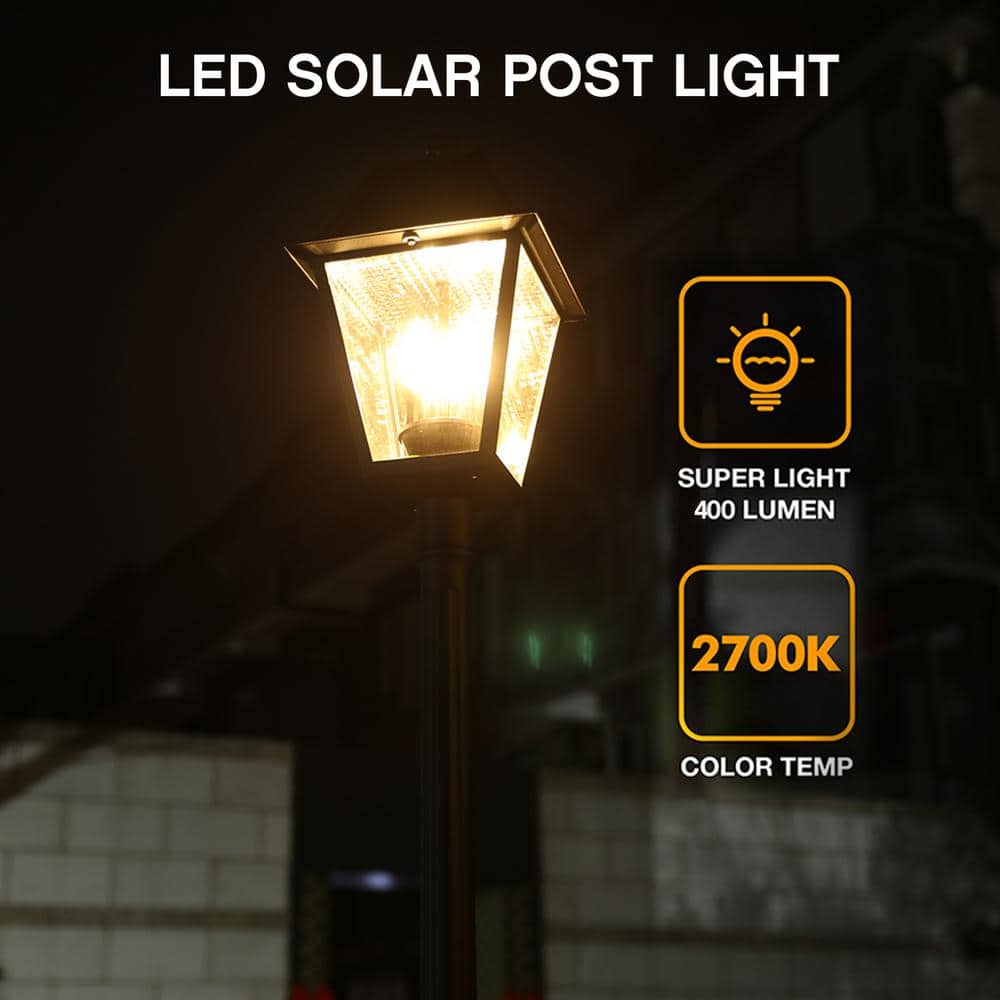 Black Aluminum Solar LED Lamp Post with Clear Glass Shade
