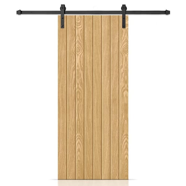 CALHOME 30 in. x 84 in. Hollow Core Weather Oak Stained Oak Veneer Composite Interior Sliding Barn Door with Hardware Kit