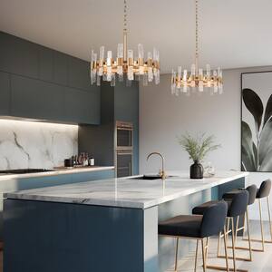 Modern Gold Kitchen Island Chandelier, Eicy 6-Light Minimalist Round Ceiling Light with Icing Glass Strips