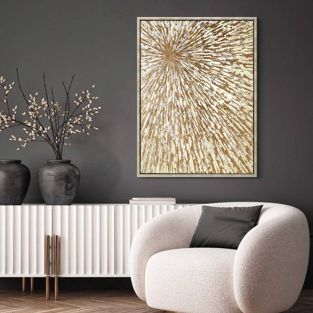 Radiant Burst Metallic Hand Painted Canvas Wall Art in Champagne Gold Frame