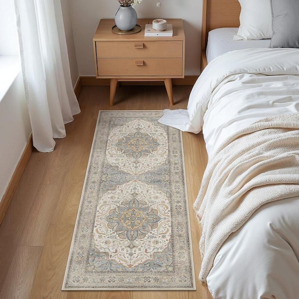 Samar Machine Washable Beige/Blue 2 ft. x 7 ft. Medallion Indoor Area Rug