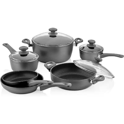 10-Piece Titanium Coated Aluminum Non-Stick Assorted Cookware Set in Gray with Glass Lids