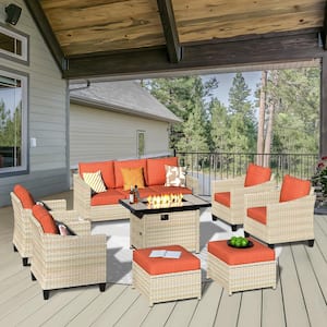 Oconee Beige 8-Piece Modern Outdoor Patio Conversation Sofa Set with a Rectangle Fire Pit and Orange Red Cushions