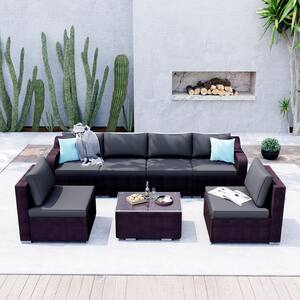 7-Piece Steel Brown Rattan Wicker Outdoor Patio Conversation Sectional Sofa Set with Dark Gray Cushions and Pillows