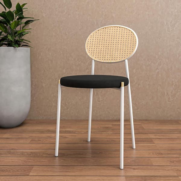 Leisuremod Black Leather Dining Chair Armless Rattan back Side Chair in White Stainless Steel Euston Collection