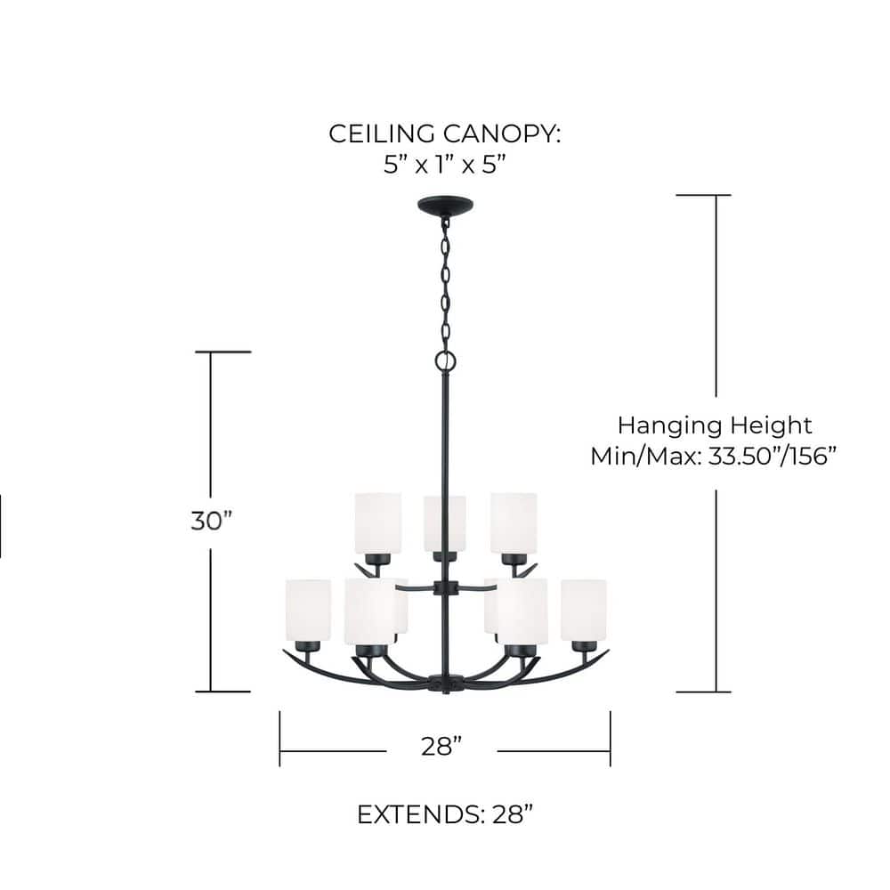 Matte Black 9-Light Chandelier with Soft White Glass Shades