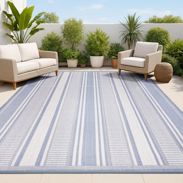 Haynes Modern Double Stripe Blue/Light Gray 5 ft. x 8 ft. Indoor/Outdoor Area Rug