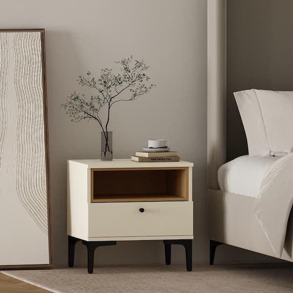 Manhattan Comfort Amara Modern Cream and Natural Oak 1-Drawer 19.7 in. W Nightstand