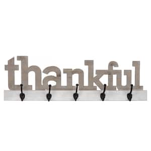 Rustic Thankful Gray Wood Decorative Sign with Hooks
