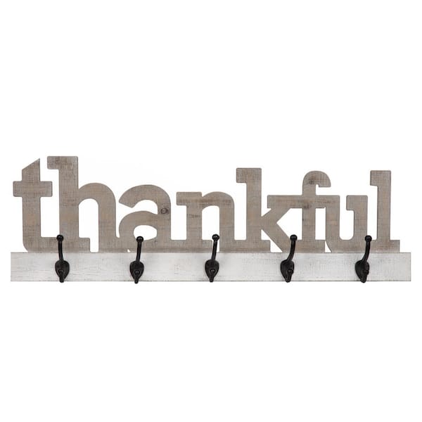 Pinnacle Rustic Thankful Gray Wood Decorative Sign with Hooks