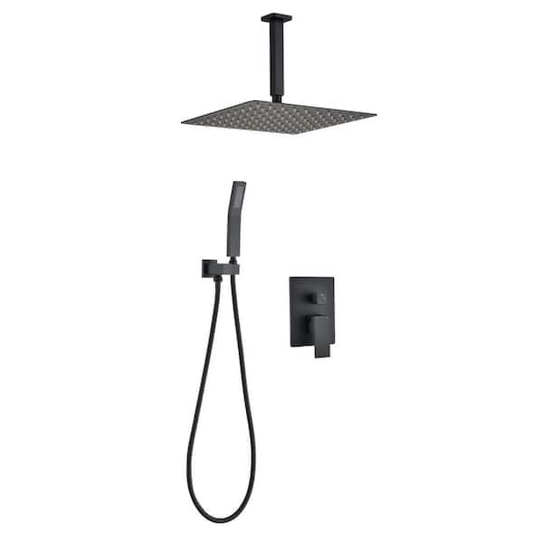 Pdpbath 1-Spray 12 in. Ceiling Mount Dual Shower Head and Handheld Shower Head with 2.5 GPM in Matte Black