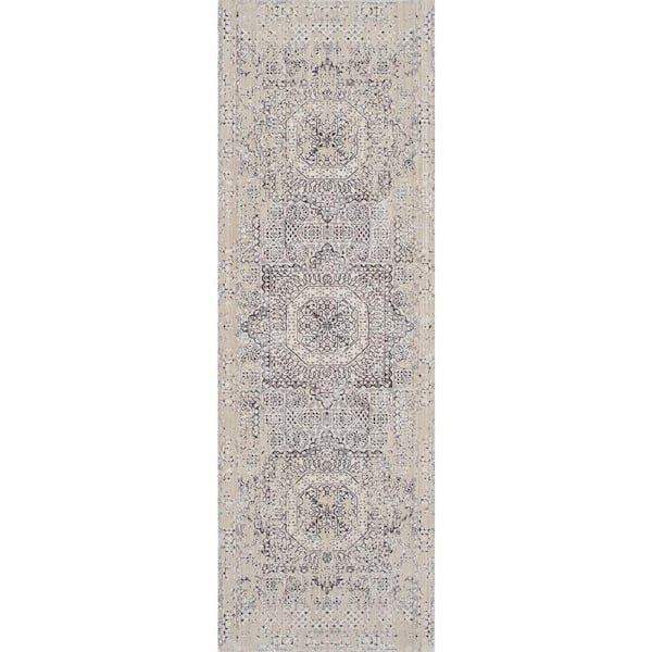 Amer Rugs Camilla Fiona Platinum 2 ft. 6 in. x 8 ft. Transitional Medallion Polyester Runner Rug