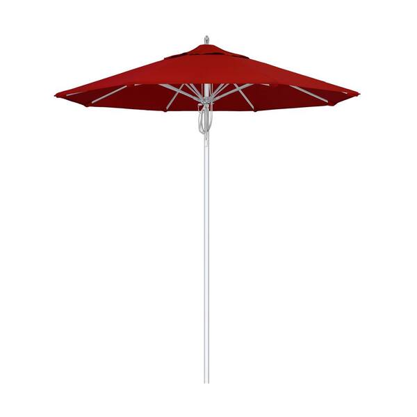 California Umbrella 7.5 ft. Silver Aluminum Commercial Market Patio Umbrella Fiberglass Ribs and Pulley Lift in Red Sunbrella