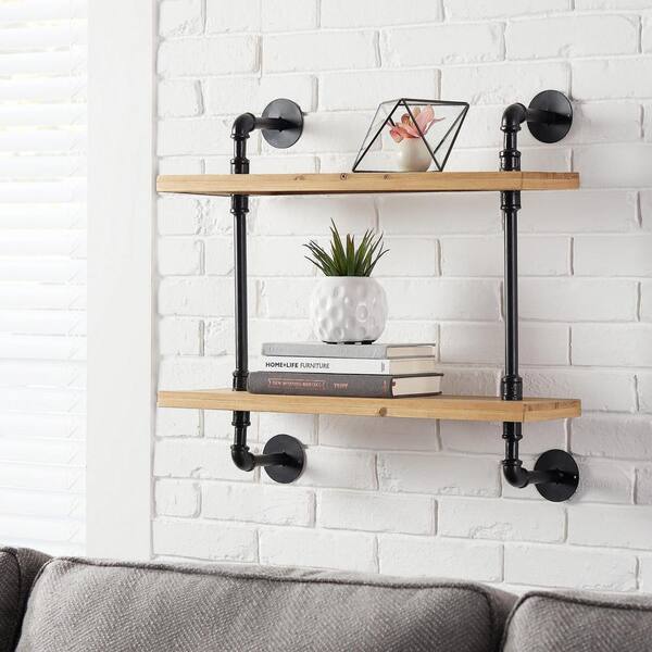 StyleWell 24 in. H x 24 in. W x 7 in. D Wood and Black Metal Pipe Wall-Mount Bookshelf