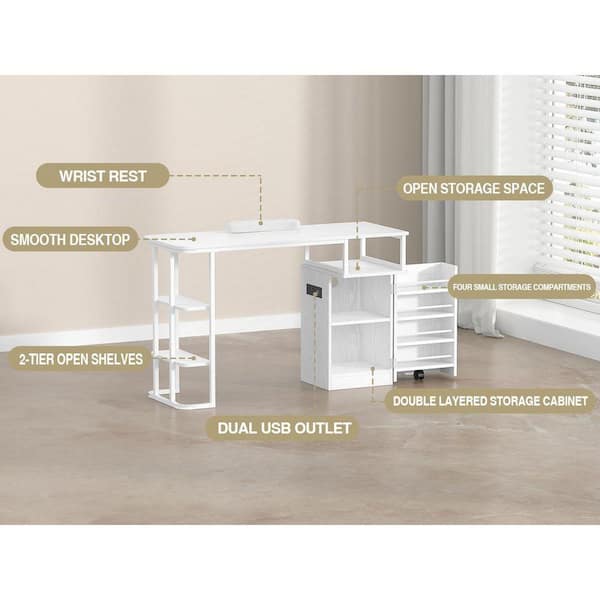 Aupodin 47.2 in. Rectangular White Wood Manicure Table Nail Desk 1
