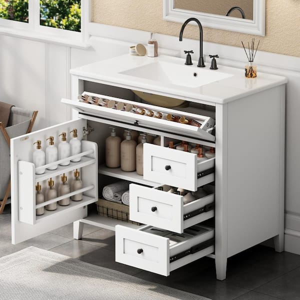 White 36-Inch Bathroom Vanity with Sink 3 Drawers and Adjustable Shelf for Bathroom(Left Door)