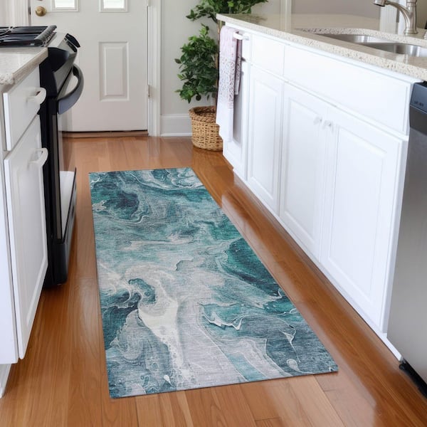 Mayfield Premium Machine Washable Abstract AMF1687 Teal 2 ft. 3 in. x 7 ft. 6 in. Runner Rug