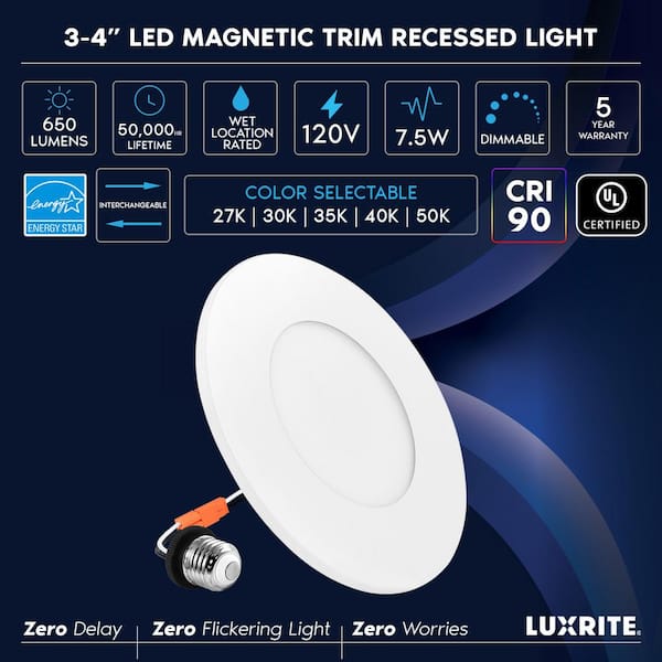 6-pack 3-4 in. Integrated LED Flush Mount and Recessed Light, 7.5W, 5CCT, 650LM, Dimmable, J-Box or 4 in. Housing
