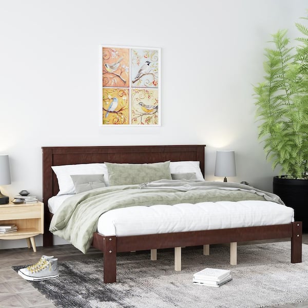 Espresso Queen Size Platform Bed Frame with Headboard