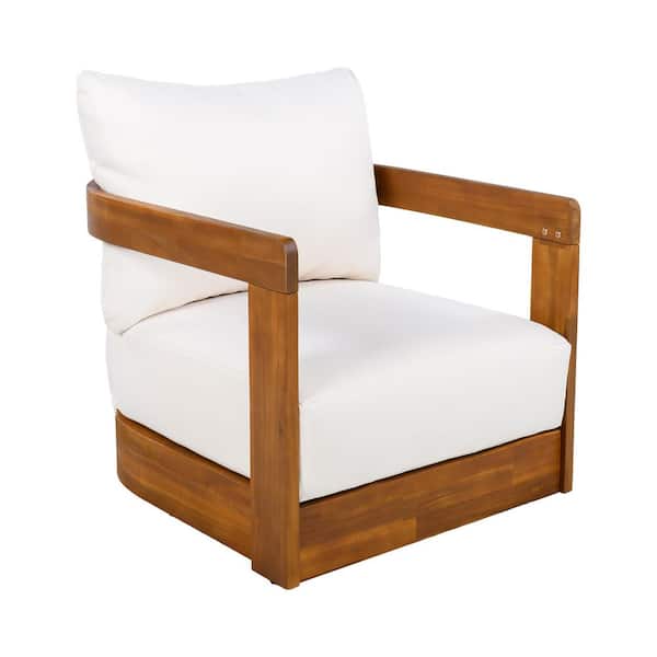 Premium Acacia Wood Outdoor Club Chair, Curved Tub Design, Water-Resistant Beige Cushions, All-Weather Slat Construction
