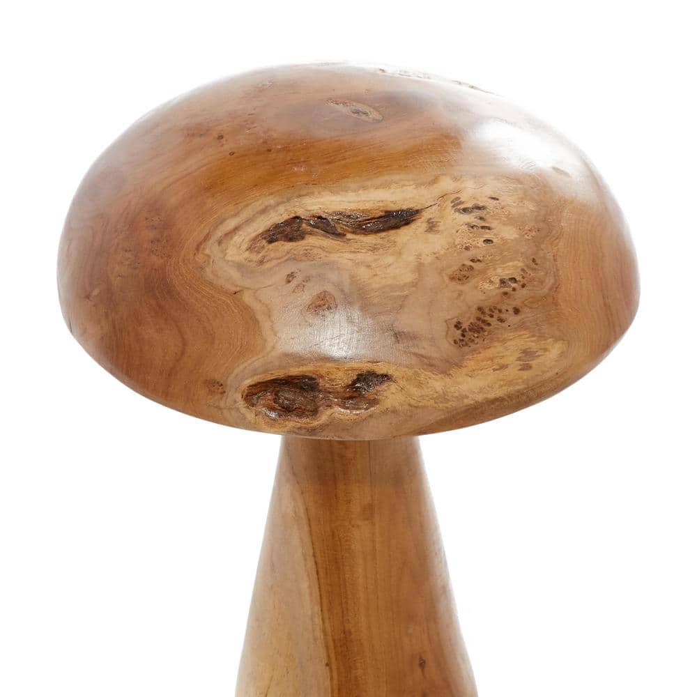 Handcrafted Teak Wood Mushroom Sculptures in Natural Brown, Set of 3