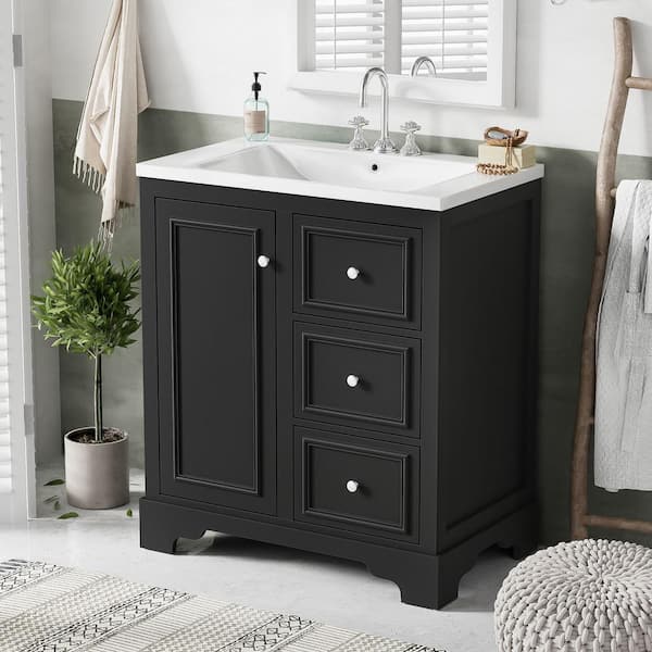 30 in. Retro Single Sink Freestanding Storage Bath Vanity in Black with White Ceramic Top,Drawers and Adjustable Shelves