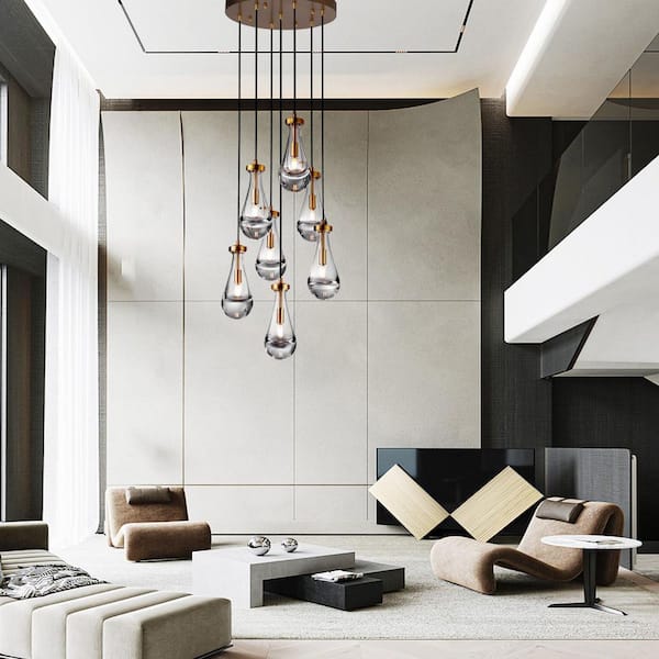 Raindrop 7-Light Dining Room Chandelier Adjustable Cord LED Chandelier, Brass Chandelier for Living Room Bedroom Kitchen