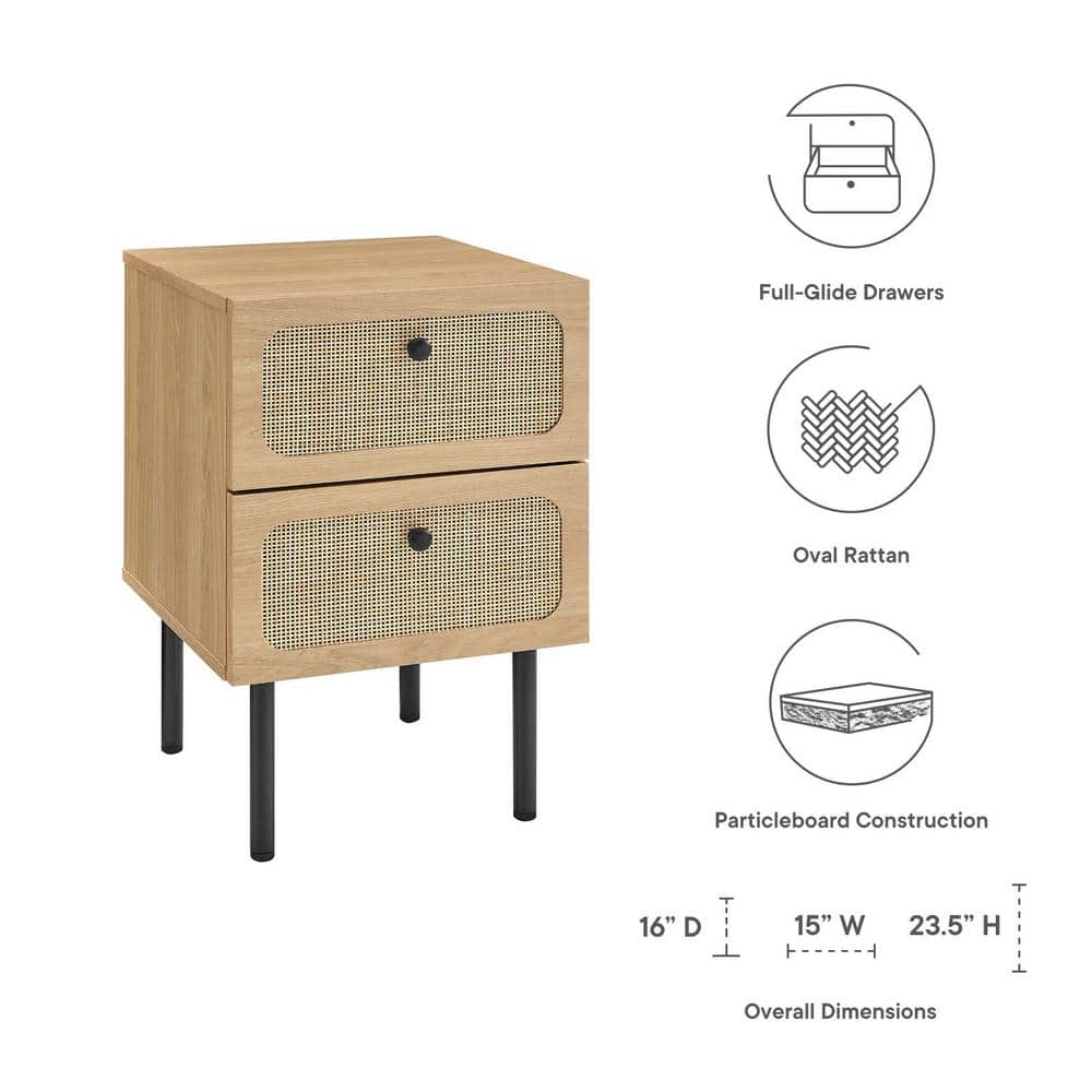 Oak and Rattan 2-Drawer Nightstand with Black Legs