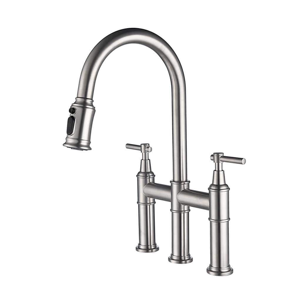 Double Handle 3 Holes Solid Brass Bridge Kitchen Faucet 1.8 GPM with Pull-D