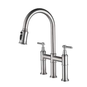 Double Handle 3 Holes Solid Brass Bridge Kitchen Faucet 1.8 GPM with Pull-Down Sprayhead in Spot in Brushed Nickel